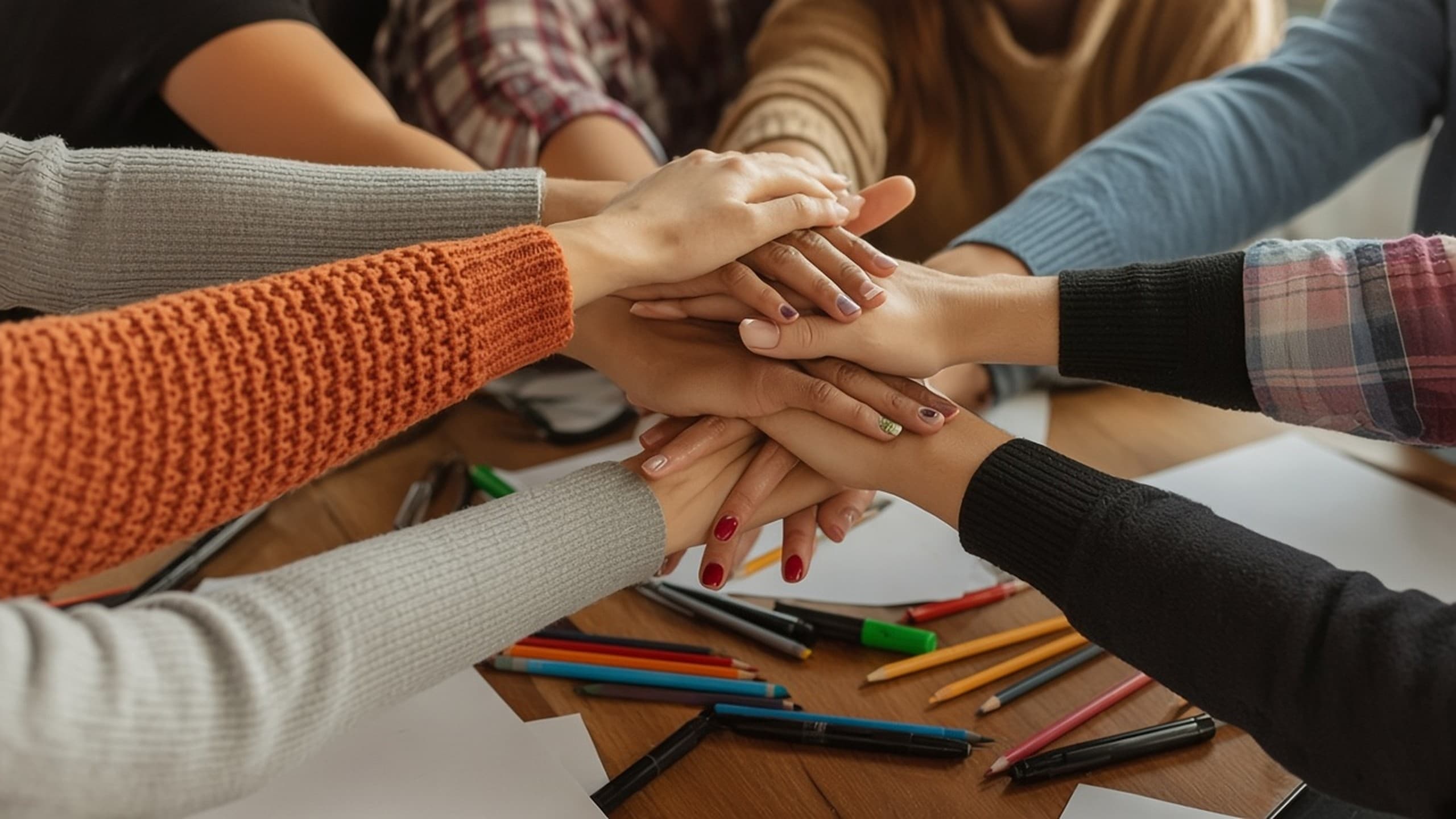 Viele Hände übereinander auf einem Tisch mit Stiften